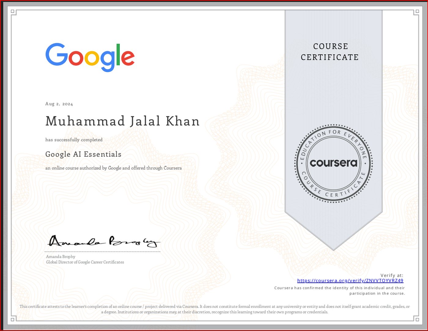 Google AI Essentials certificate